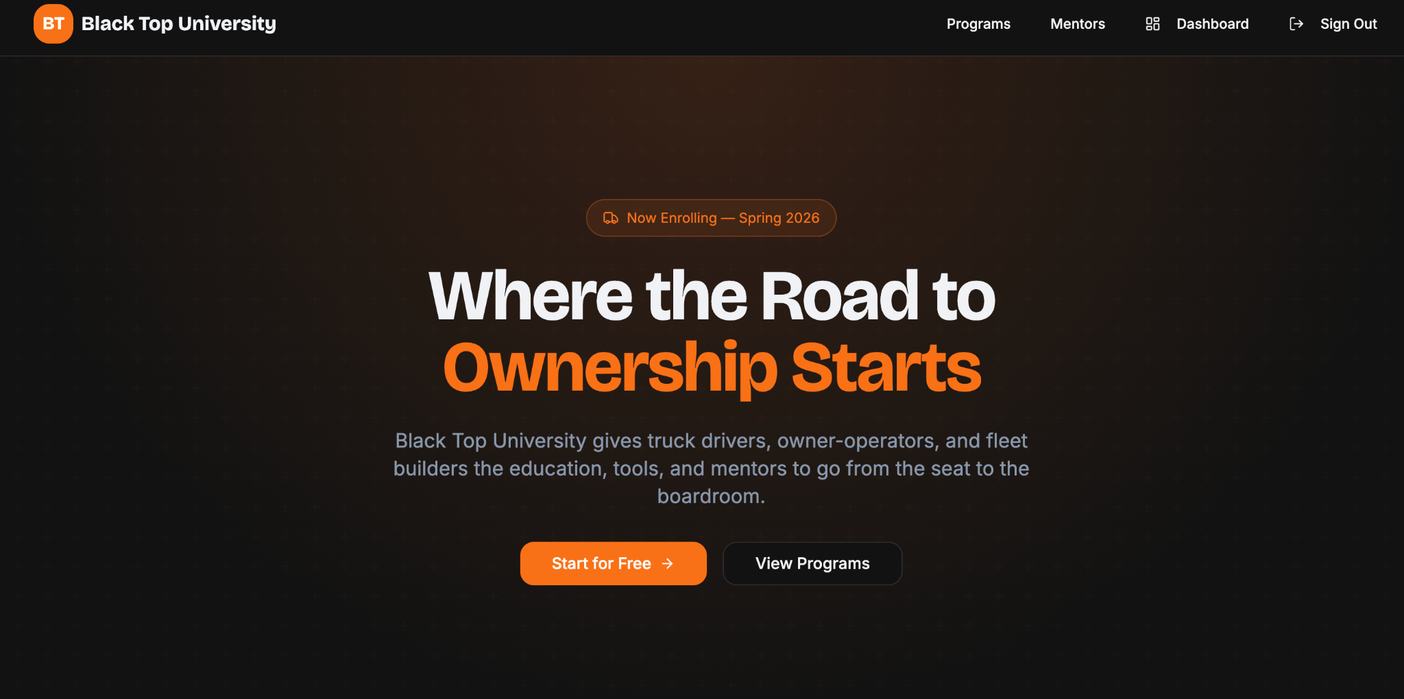 Black Top University homepage inviting truck drivers, owner-operators and fleet builders to learn through programs, tools and mentors