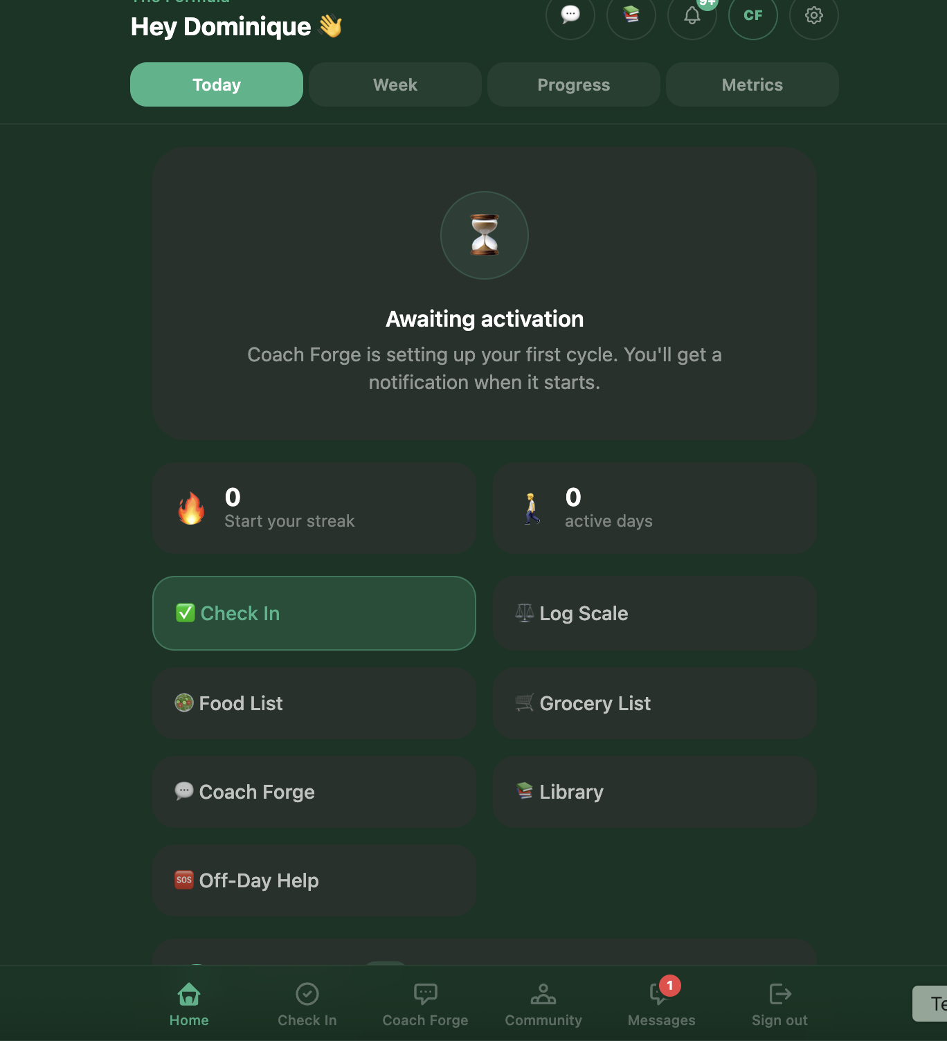 DNA Reform member dashboard showing daily progress, activation status, check-in, scale logging, food and grocery lists, coaching, library and community tools