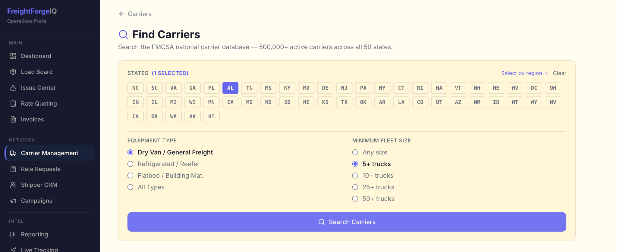 FreightForgeIQ Find Carriers screen with state, equipment type and fleet-size filters for searching the FMCSA carrier database