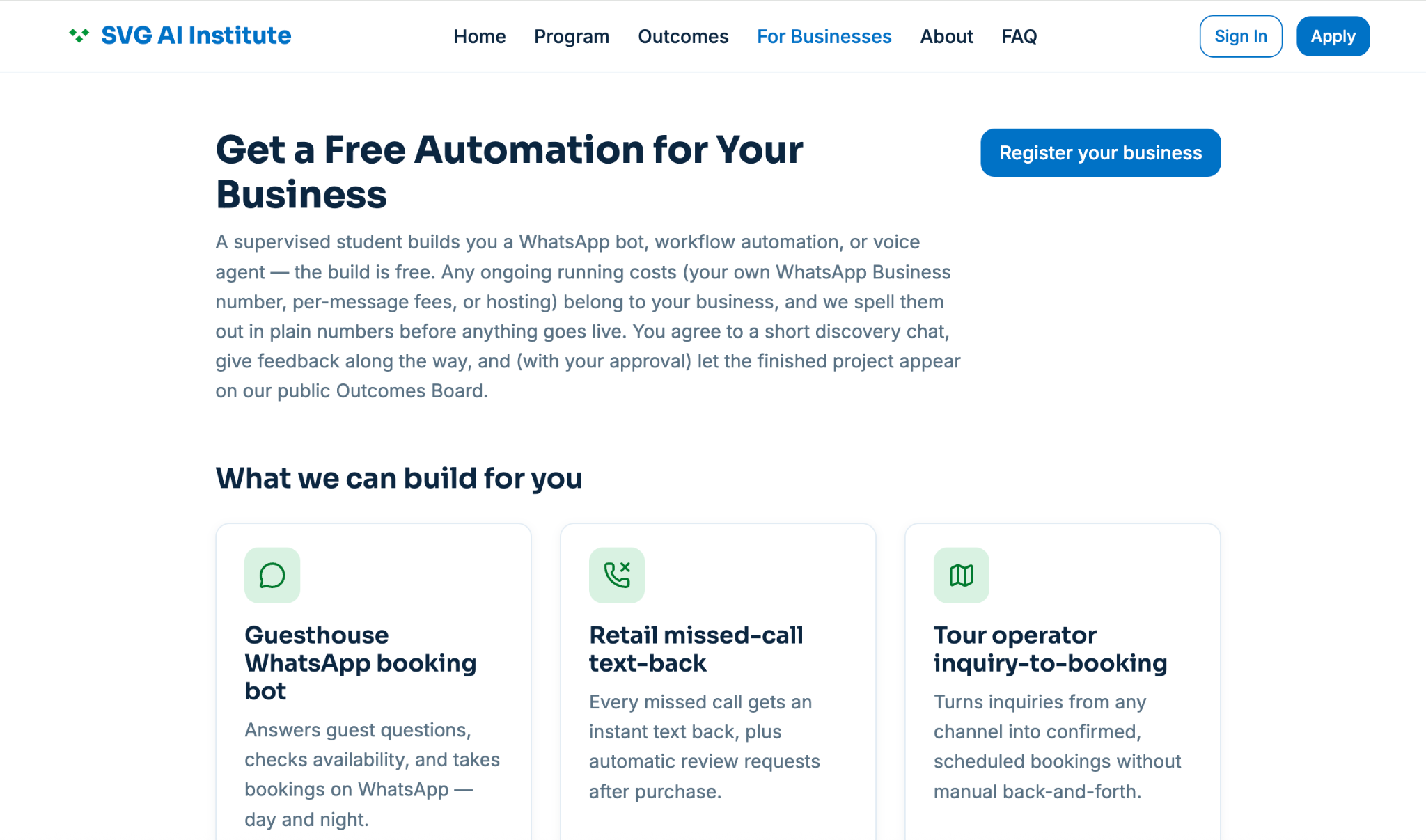 SVG AI Institute business program offering supervised student-built WhatsApp bots, workflow automations and voice agents for local businesses
