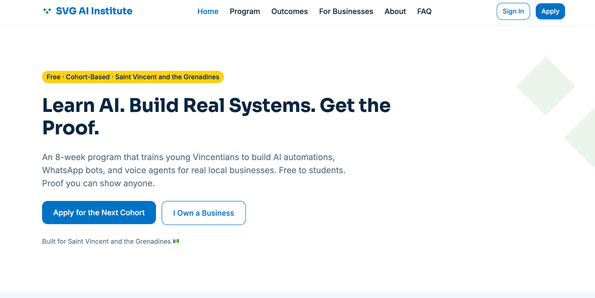 SVG AI Institute homepage describing a free eight-week cohort program for young Vincentians to build AI automations, WhatsApp bots and voice agents